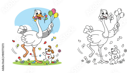Funny cartoon ostrich bird holding balloons and cute puppy dog dancing together in celebration party vector illustration for kids