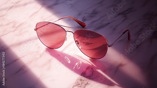 Chic Rose-Tinted Aviator Sunglasses on Marble in a Dramatic Beam of Sunlight.