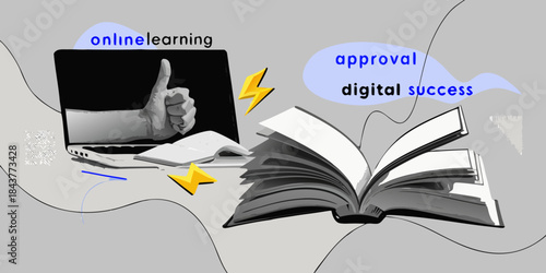 Online learning success laptop open book and approval symbols displayed