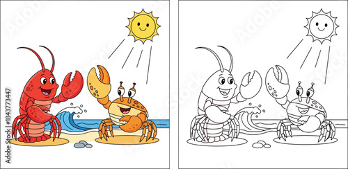 Cute cartoon lobster and crab friends waving on sandy beach with smiling sun and ocean waves vector illustration for kids summer holiday design