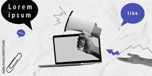 A hand emerging from a laptop with a megaphone and speech bubbles