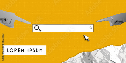 Hands pointing towards a search bar with crumpled paper and text