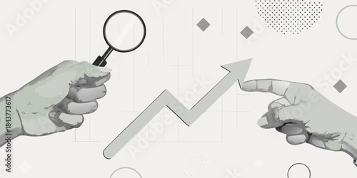 Hands examining a rising graph with a magnifying glass indicating analysis