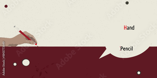 A hand holding a pencil appears to draw above a red surface