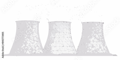 Three cooling towers stand against a plain white background depicted in a stylized design