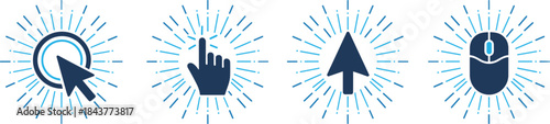 Cursor and input icons with arrow; hand; mouse; click symbol; radial burst; blue design; user interface; vector illustration