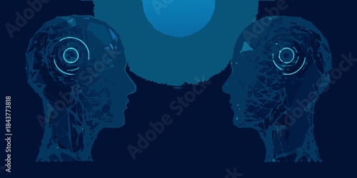 Two robotic heads facing each other with glowing circular elements in darkness