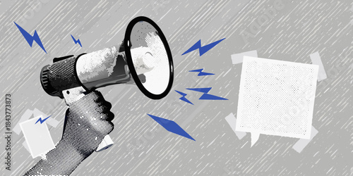 A hand holding a megaphone with paper and lightning bolts around it