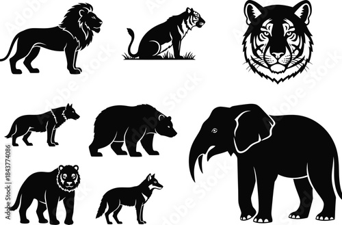 Black silhouettes neat icons of neat lion tiger bear wolf elephant safari set