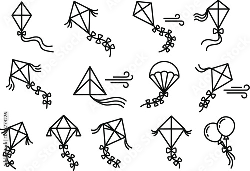 Black outlines neat icons of neat kite balloon wind tail fly fun set