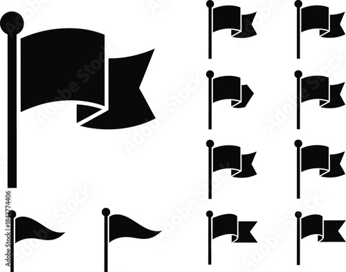 Black bold neat icons of neat flag banner pole wave team spirit set