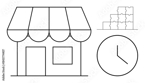 Small business symbols. Small business storefront, puzzle pieces, and clock organization and strategy. Small business planning, time, management, retail markets, teamwork