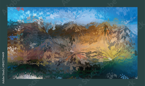 Dynamic abstract mountain landscape with radiating light and a vibrant, expressive palette