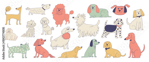 cute dogs doodle vector set, featuring cartoon dog and puppy characters in flat color, various poses, and funny pet illustrations isolated on white background for digital and print projects.