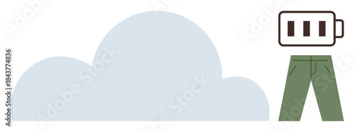 Large cloud shape next to a green pants figure with battery head. Ideal for energy, environment, cloud storage, sustainability, minimalism, futuristic ideas, simple flat metaphor