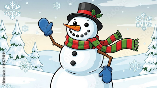 Happy Snowman Waving Coloring Page with Scarf and Mittens under Falling Snow in 16:9 Cartoon Line Art