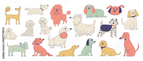 cute dogs doodle vector set, featuring cartoon dog and puppy characters in flat color, various poses, and funny pet illustrations isolated on white background for digital and print projects.