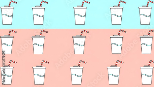 Colorful pattern of disposable cups with straws on blue and pink background for beverage or party theme