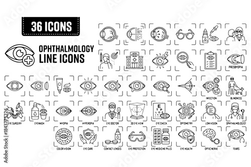 set of Ophthalmology icons,
Ophthalmology Line Editable Icon Set – Medical Eye Care, Optometry & Vision Correction Vector