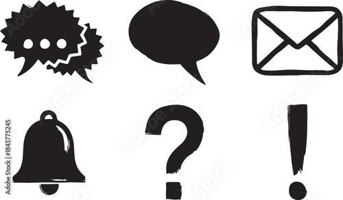 Bold Flat Communication and Notification Icon Set Featuring Speech Bubbles, Messages, Alerts, and Symbols