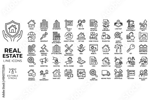 set of Real Estate icons,
Real Estate Line Editable Icon Set – Housing, Agent, Property, Mortgage & Home Loan Vector Illustration