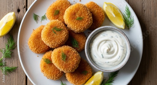 Crispy fish cakes with creamy dill sauce and lemon wedges on rustic wood table