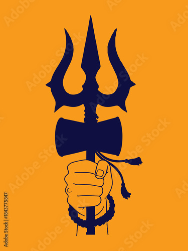 A silhouette illustration of a hand holding a trident and damaru, symbols of the Hindu god Shiva, against a vibrant orange background.