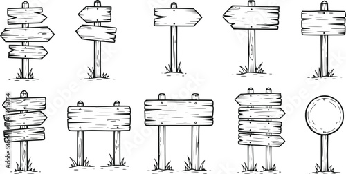 A set of hand-drawn rustic wooden signposts and direction signs, isolated on a transparent background.