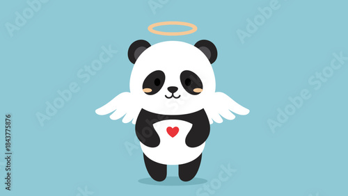 Cute cartoon panda bear holding a bamboo branch and a flower in a funny vector illustration design for a wild animal character card