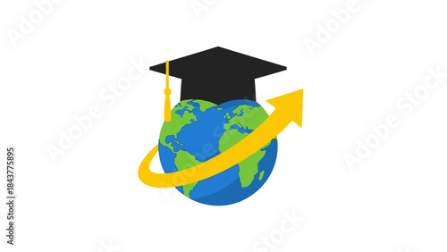 A graduation cap and diploma sit beside a globe to symbolize an education concept where a university student achieves academic success and a degree through global learning at an academy