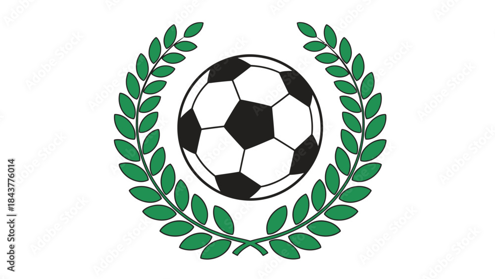 Obraz premium Black and white vector illustration of a soccer ball with a laurel wreath and green leaves, symbolizing competition, sport, and the game