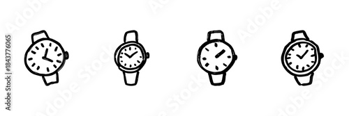 Wristwatch Line Icon Set In Doodle Style. Time Management, Punctuality, And Schedule Tracking Outline Sketch Collection. Hand Drawn Isolated Vector Illustration