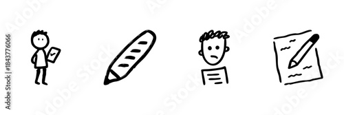 Stick Figure Writing And Reading Line Icon Set In Doodle Style. Education, Note-Taking, And Document Review Outline Sketch Collection. Hand Drawn Isolated Vector Illustration