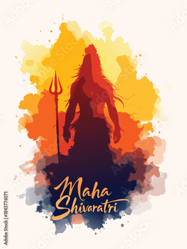 Vibrant watercolor illustration of Lord Shiva silhouette holding a trident for the Maha Shivaratri festival celebration.
