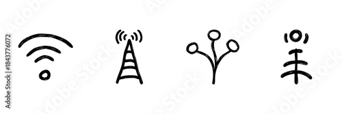 Wifi, Signal Tower, Network, And Connectivity Line Icon Set In Doodle Style. Wireless Communication, Internet Access, And Digital Networking Outline Sketch. Hand Drawn Isolated Vector Illustration