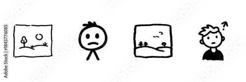 Landscape And Emotion Line Icon Set In Doodle Style. Nature Scenes And Facial Expressions Outline Sketch. Artistic Representation Of Mood And Environment. Hand Drawn Isolated Vector Illustration