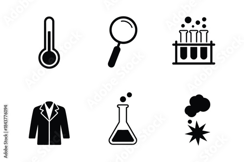Black and white set of six icons related to science, research, and laboratory experiments