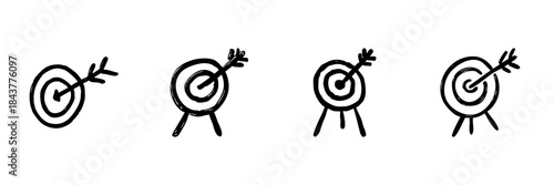 Target With Arrow Line Icon Set In Doodle Style. Precision, Goal Achievement, And Success Representation Outline Sketch. Strategic Planning And Focus. Hand Drawn Isolated Vector Illustration