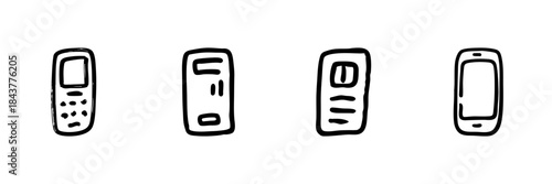 Mobile Phone Evolution Line Icon Set In Doodle Style. Communication Technology Progression Outline Sketch Collection. Hand Drawn Isolated Vector Illustration
