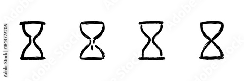 Hourglass Line Icon Set In Doodle Style. Time Management, Deadline Tracking, And Countdown Outline Sketch Collection. Hand Drawn Isolated Vector Illustration
