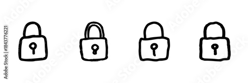 Padlock Line Icon Set In Doodle Style. Security, Privacy, And Data Protection Outline Sketch Collection. Hand Drawn Isolated Vector Illustration