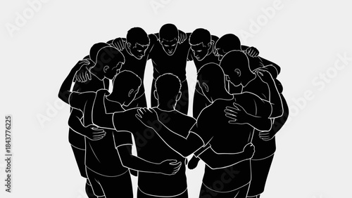 Circle of Unity: A depiction of a close-knit group of individuals embracing each other, forming a circle symbolizing unity and solidarity, with a sense of togetherness and support.