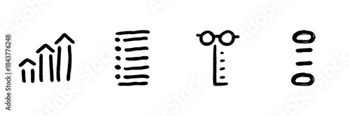 Bar Chart, Checklist, Glasses, And Ellipsis Line Icon Set In Doodle Style. Data Analysis, Task Management, Vision Assessment, And Continuation Symbol. Hand Drawn Isolated Vector Illustration