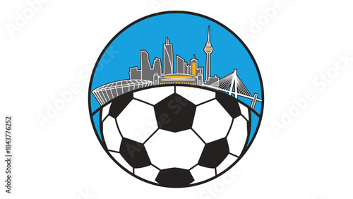 Football City: An emblem featuring a football seamlessly integrated with a city skyline, blending sports and urban landscape