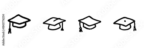 Graduation Cap Line Icon Set In Doodle Style. Academic Achievement And Education Symbol Outline Sketch Collection. Scholarly Success And Learning Milestone. Hand Drawn Isolated Vector Illustration