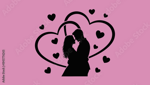 Silhouette of a Couple: A tender moment frozen in time as a loving couple embraces, framed by intertwined hearts against a soft pink background. Perfect for expressing affection and devotion.