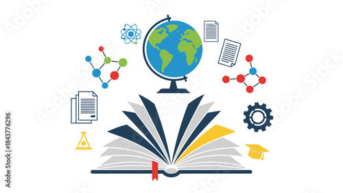 Education and Discovery: An open book serves as the foundation for the elements of learning, with a globe and molecules representing science and education.