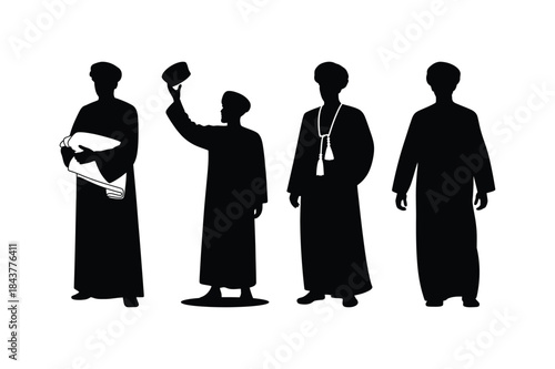 Silhouettes of men wearing traditional robes and hats for graduation or cultural events