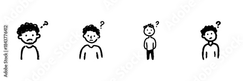 Confused People With Question Marks Line Icon Set In Doodle Style. Uncertainty, Curiosity, And Inquiry Expression Outline Sketch Collection. Hand Drawn Isolated Vector Illustration