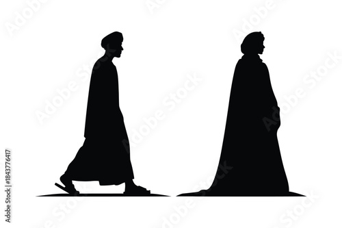 Silhouettes of two individuals in robes, one walking and one standing still, on a white background